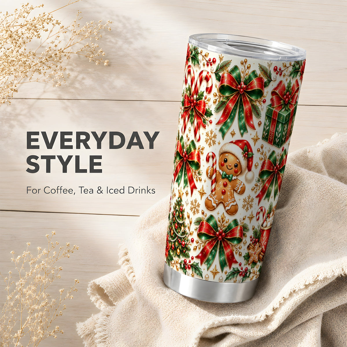 Christmas Bows Tumbler 20oz, Holiday Stainless Steel Travel Cup
