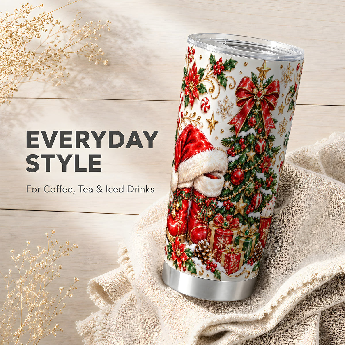 Elegant Christmas Tumbler 20oz, Festive Stainless Steel Travel Cup