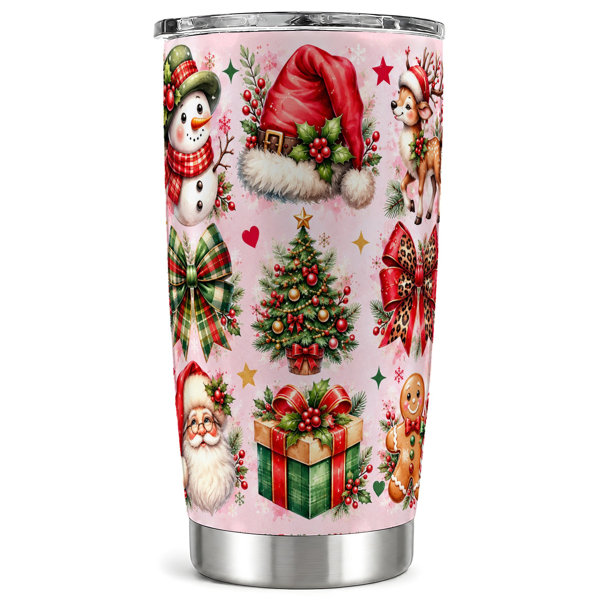 Pink Christmas Tumbler 20oz, Leopard Bow Stainless Steel Travel Cup