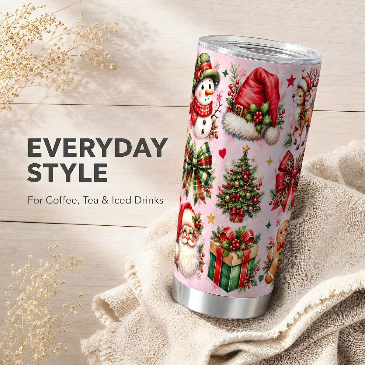 Pink Christmas Tumbler 20oz, Leopard Bow Stainless Steel Travel Cup