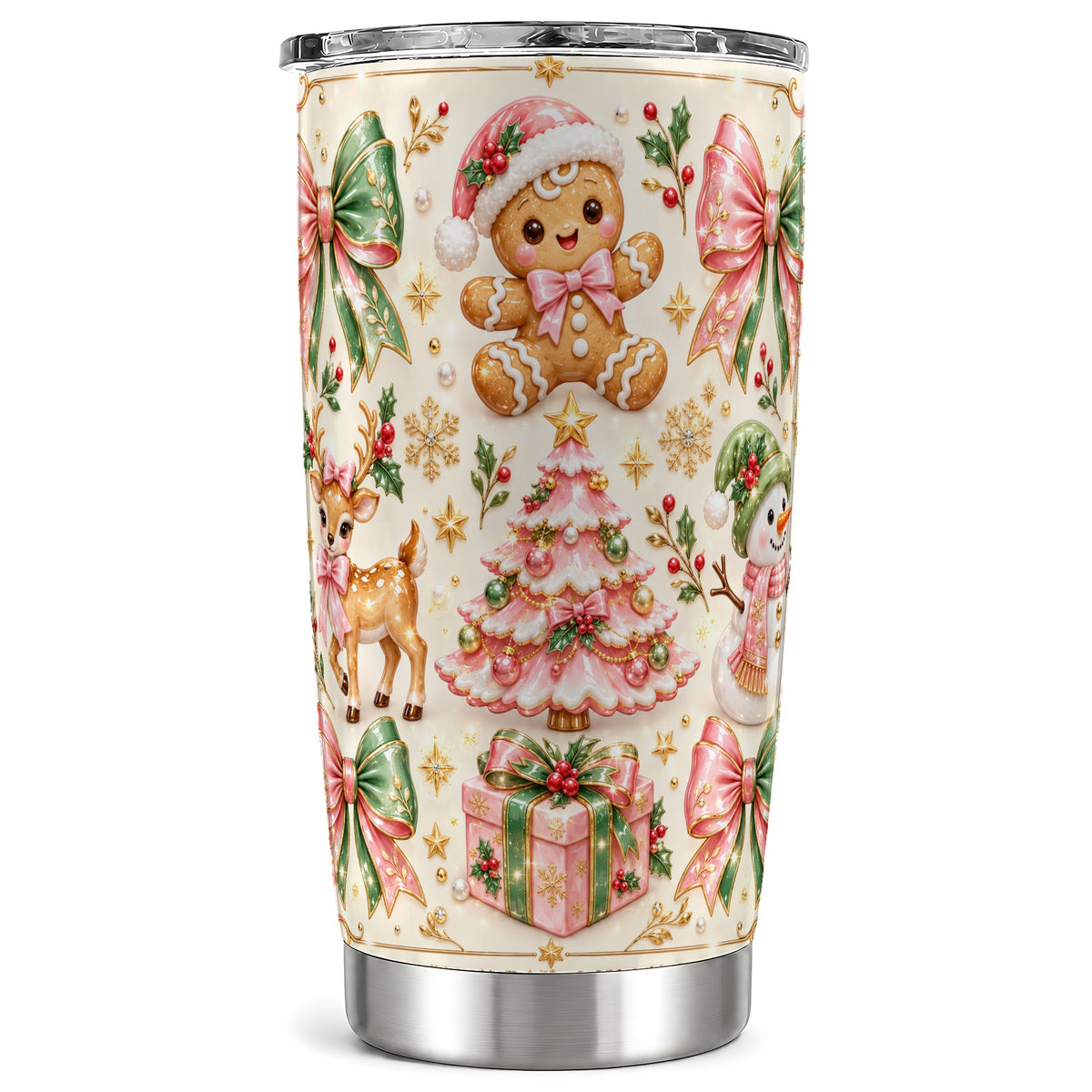 Pink Gingerbread Christmas Tumbler 20oz, Stainless Steel Travel Cup