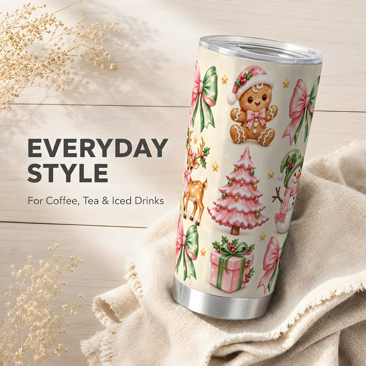 Pink Christmas Tumbler 20oz, Gingerbread Stainless Steel Travel Cup