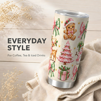 Pink Christmas Tumbler 20oz, Gingerbread Stainless Steel Travel Cup