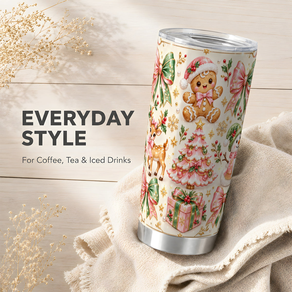 Pink Gingerbread Christmas Tumbler 20oz, Stainless Steel Travel Cup
