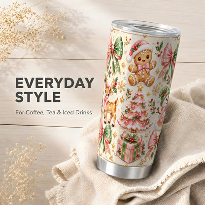 Pink Gingerbread Christmas Tumbler 20oz, Stainless Steel Travel Cup