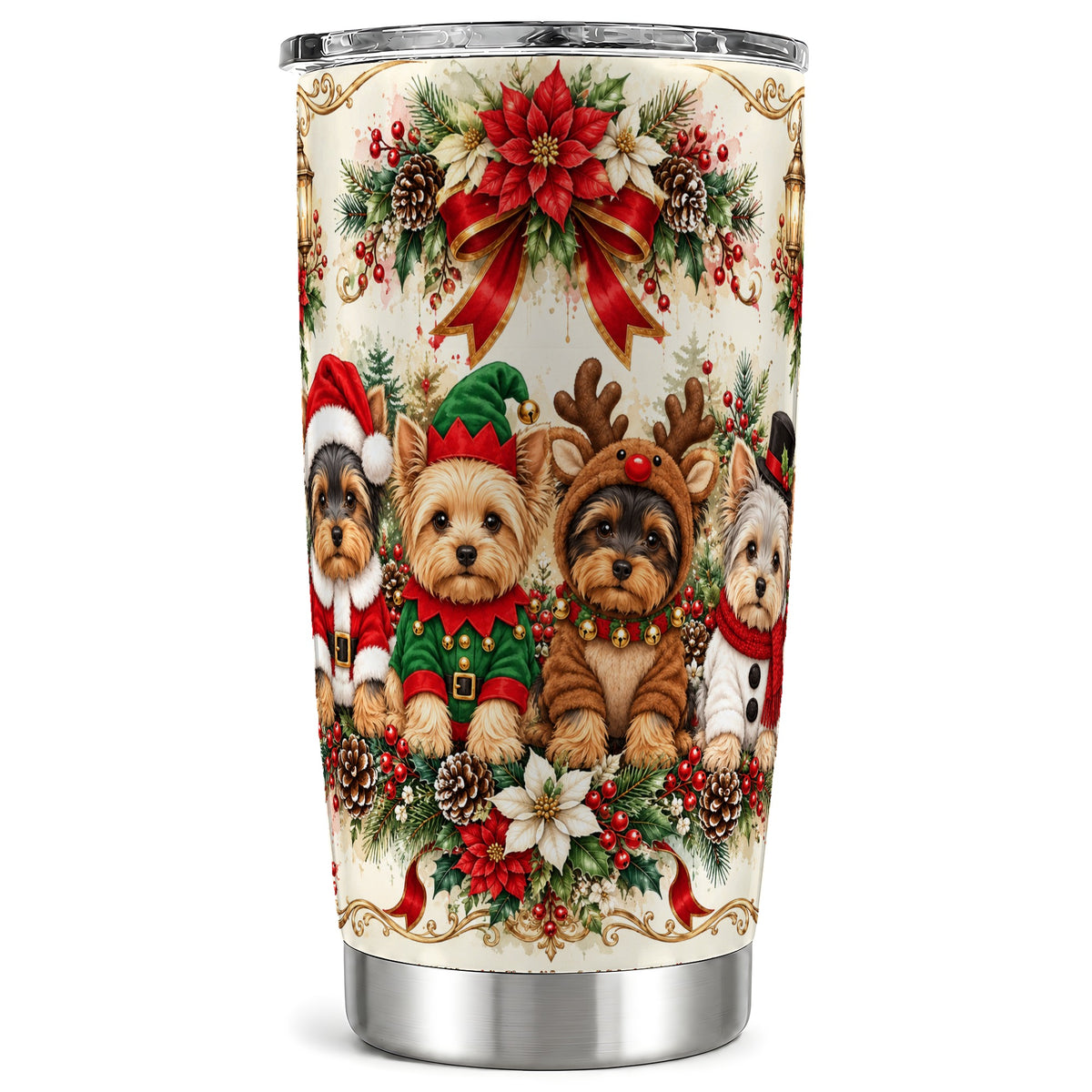 Yorkie Christmas Tumbler 20oz, Yorkshire Terrier Stainless Steel Cup