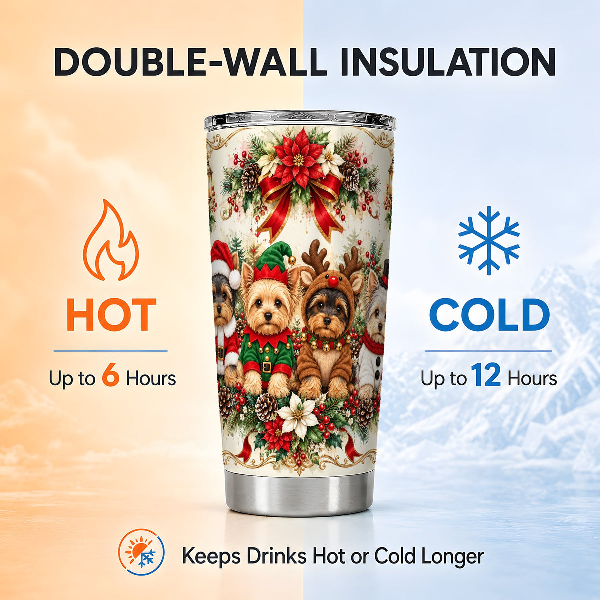Yorkie Christmas Tumbler 20oz, Yorkshire Terrier Stainless Steel Cup