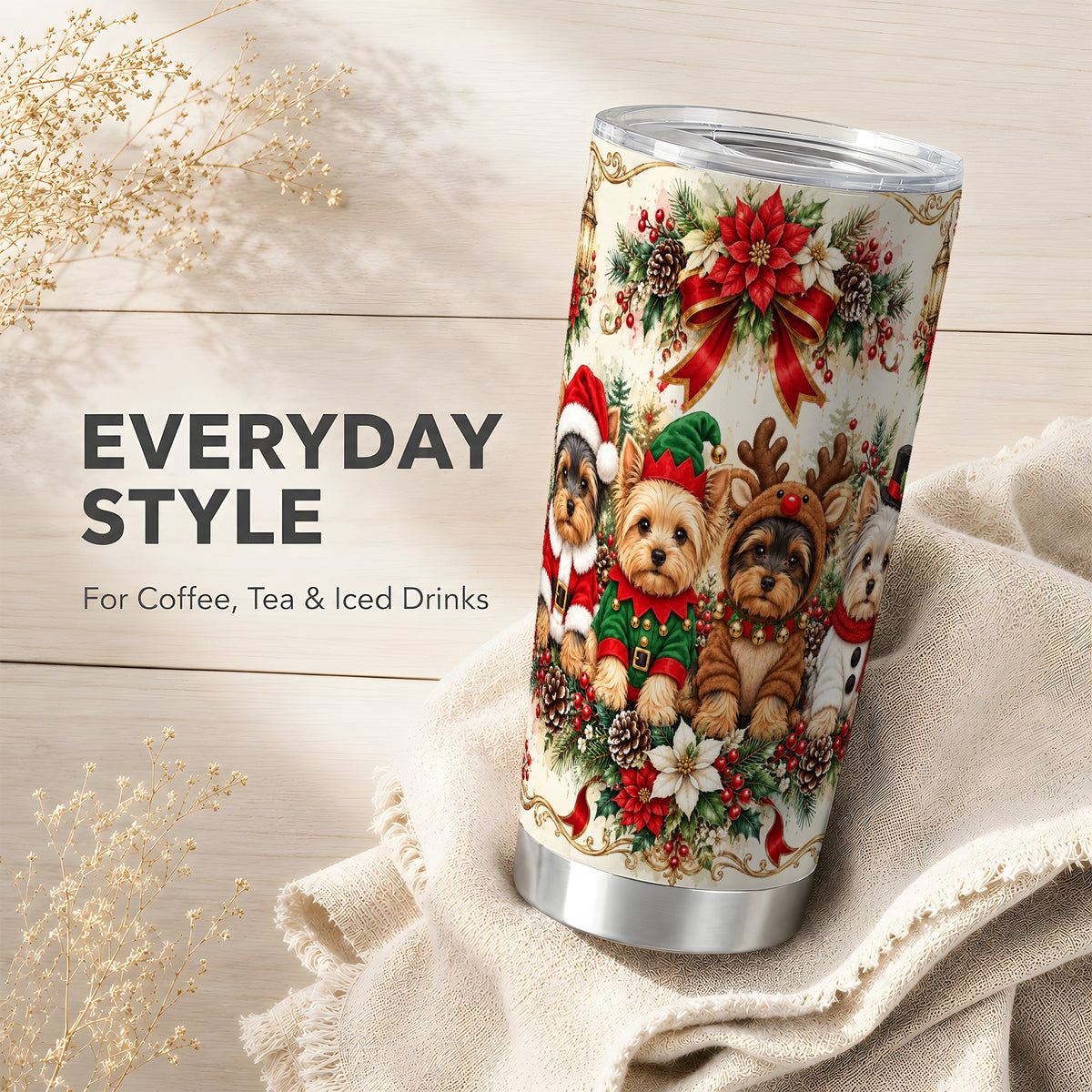 Yorkie Christmas Tumbler 20oz, Yorkshire Terrier Stainless Steel Cup