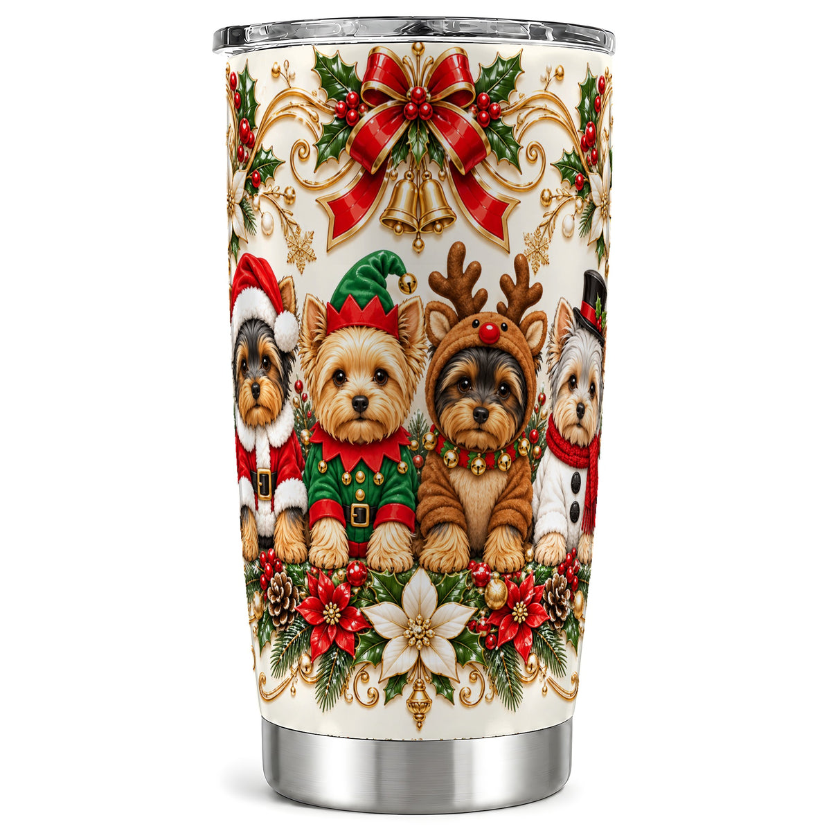 Christmas Yorkie Tumbler 20oz, Festive Dog Stainless Steel Travel Cup
