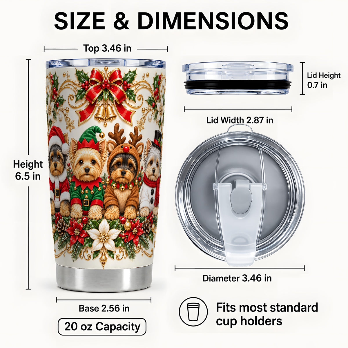 #pl[20oz|Steel] Christmas Yorkie Tumbler 20oz, Festive Dog Stainless Steel Travel Cup