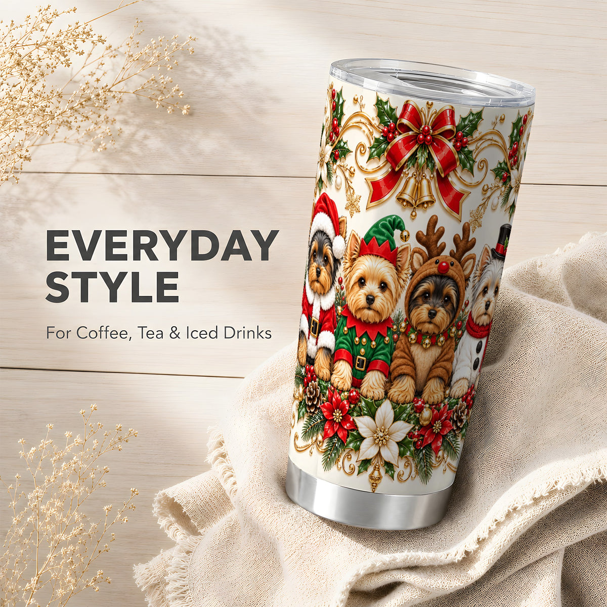 Christmas Yorkie Tumbler 20oz, Festive Dog Stainless Steel Travel Cup