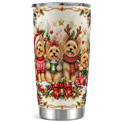 Christmas Yorkie Tumbler 20oz, Winter Puppy Stainless Steel Travel Cup