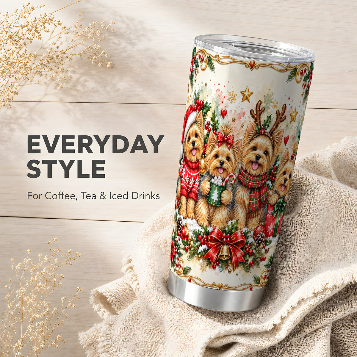 Christmas Yorkie Tumbler 20oz, Winter Puppy Stainless Steel Travel Cup