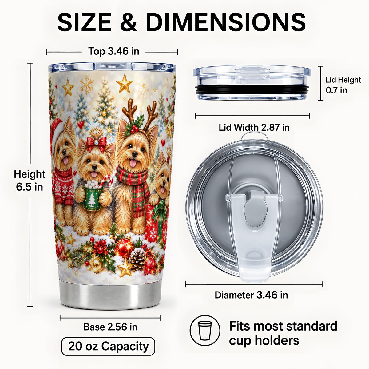 #pl[20oz|Steel] Christmas Yorkie Tumbler 20oz, Festive Dog Stainless Steel Travel Cup