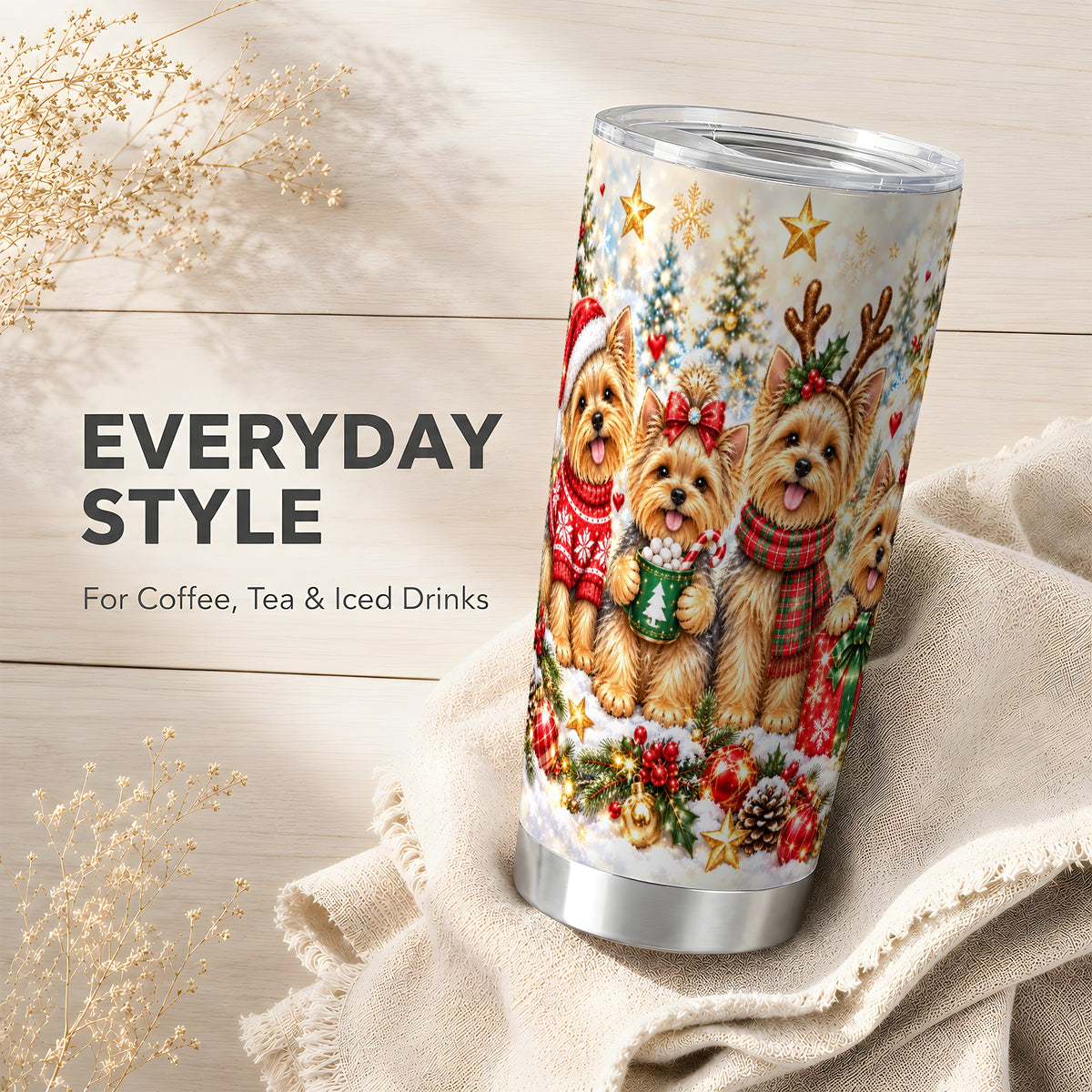 Christmas Yorkie Tumbler 20oz, Festive Dog Stainless Steel Travel Cup