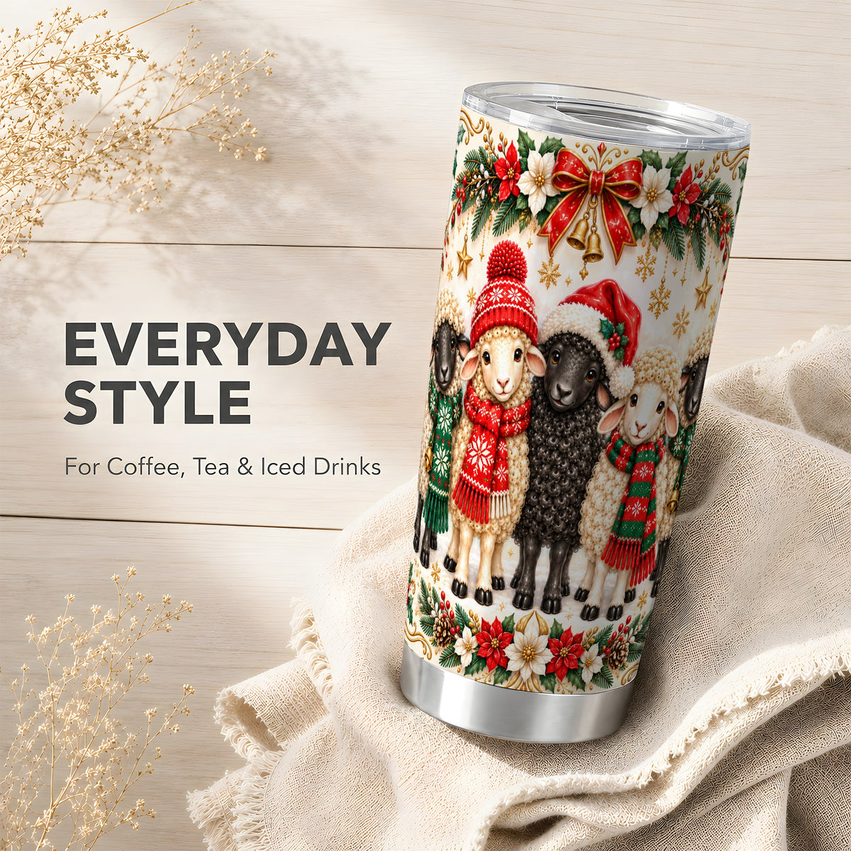 Christmas Sheep Tumbler 20oz, Santa Lamb Stainless Steel Travel Cup