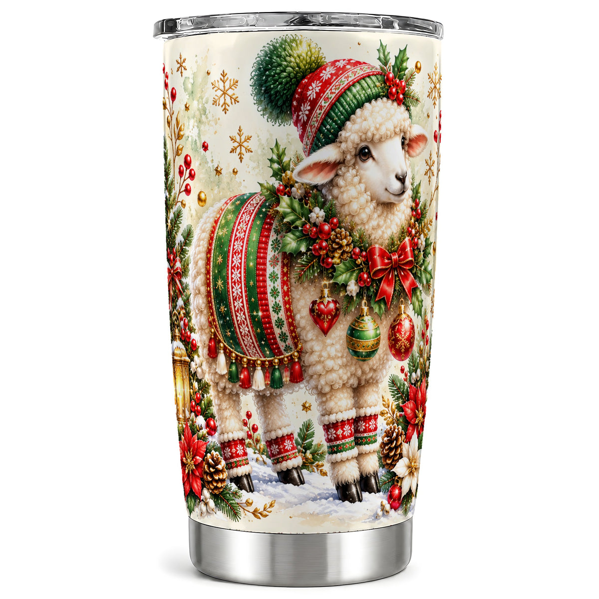 Christmas Sheep Tumbler 20oz, Winter Lamb Stainless Steel Travel Cup