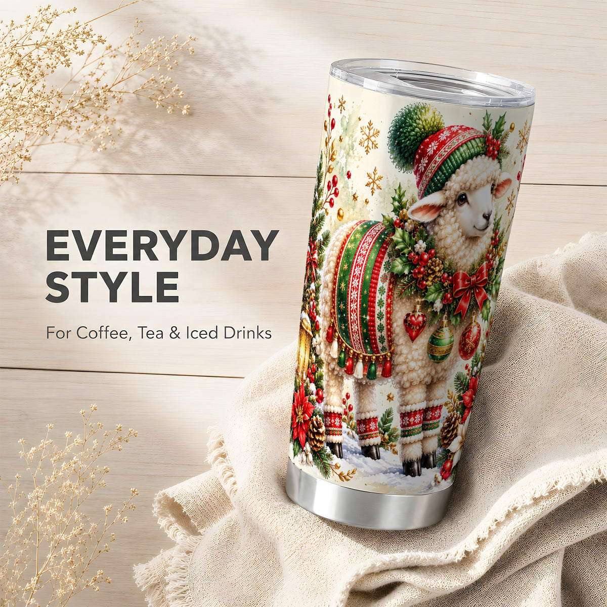 Christmas Sheep Tumbler 20oz, Winter Lamb Stainless Steel Travel Cup