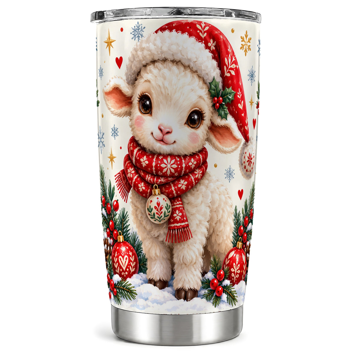 Cute Christmas Sheep Tumbler 20oz, Santa Lamb Stainless Travel Cup