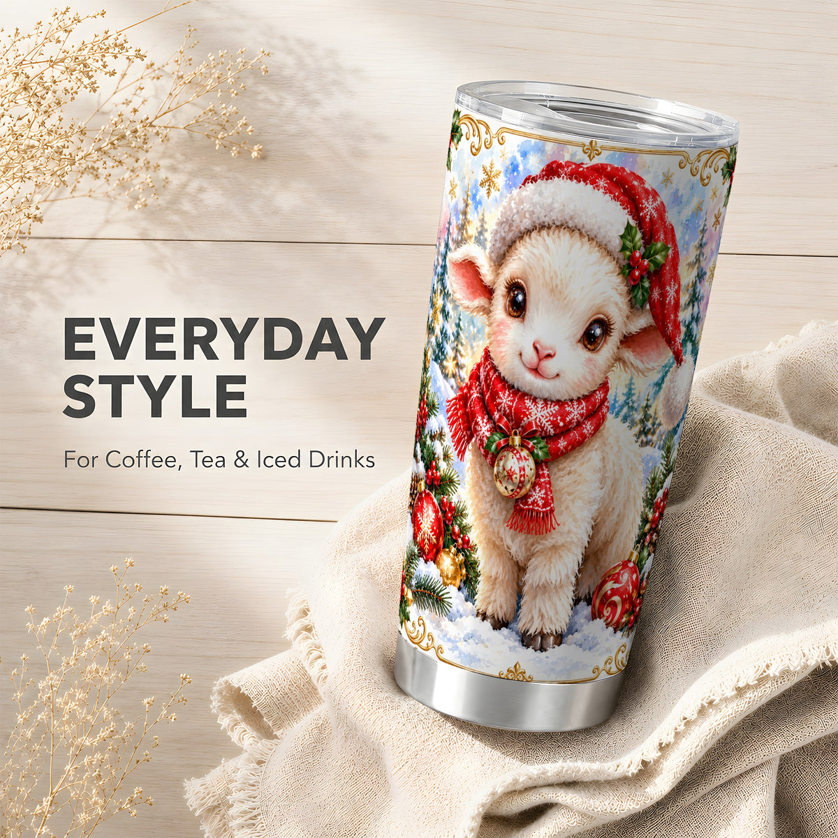 Christmas Lamb Tumbler 20oz, Santa Sheep Stainless Steel Travel Cup