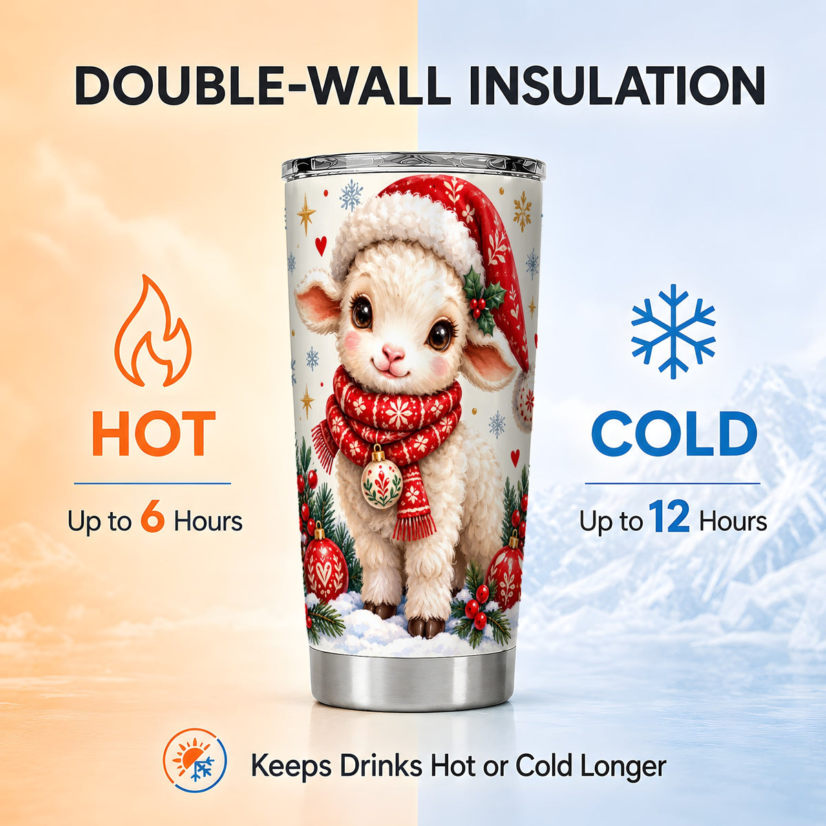 Cute Christmas Sheep Tumbler 20oz, Santa Lamb Stainless Travel Cup