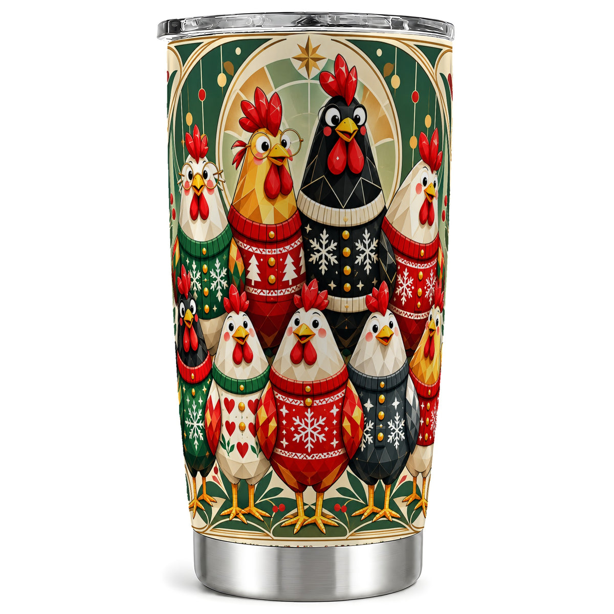 Christmas Chickens Tumbler 20oz, Festive Flock Stainless Travel Cup