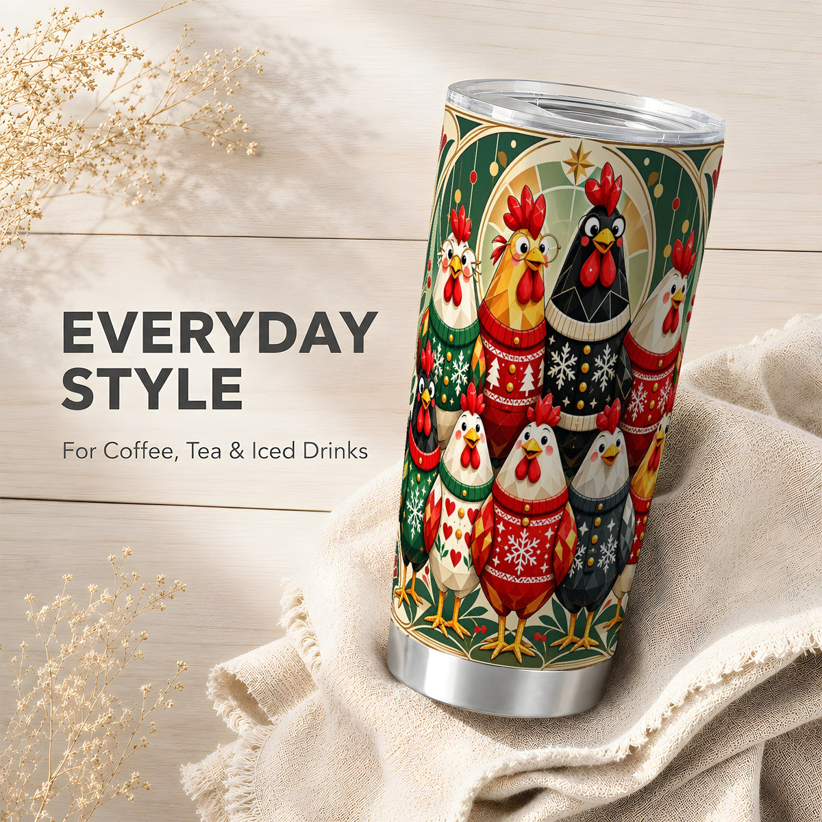 Christmas Chickens Tumbler 20oz, Festive Flock Stainless Travel Cup