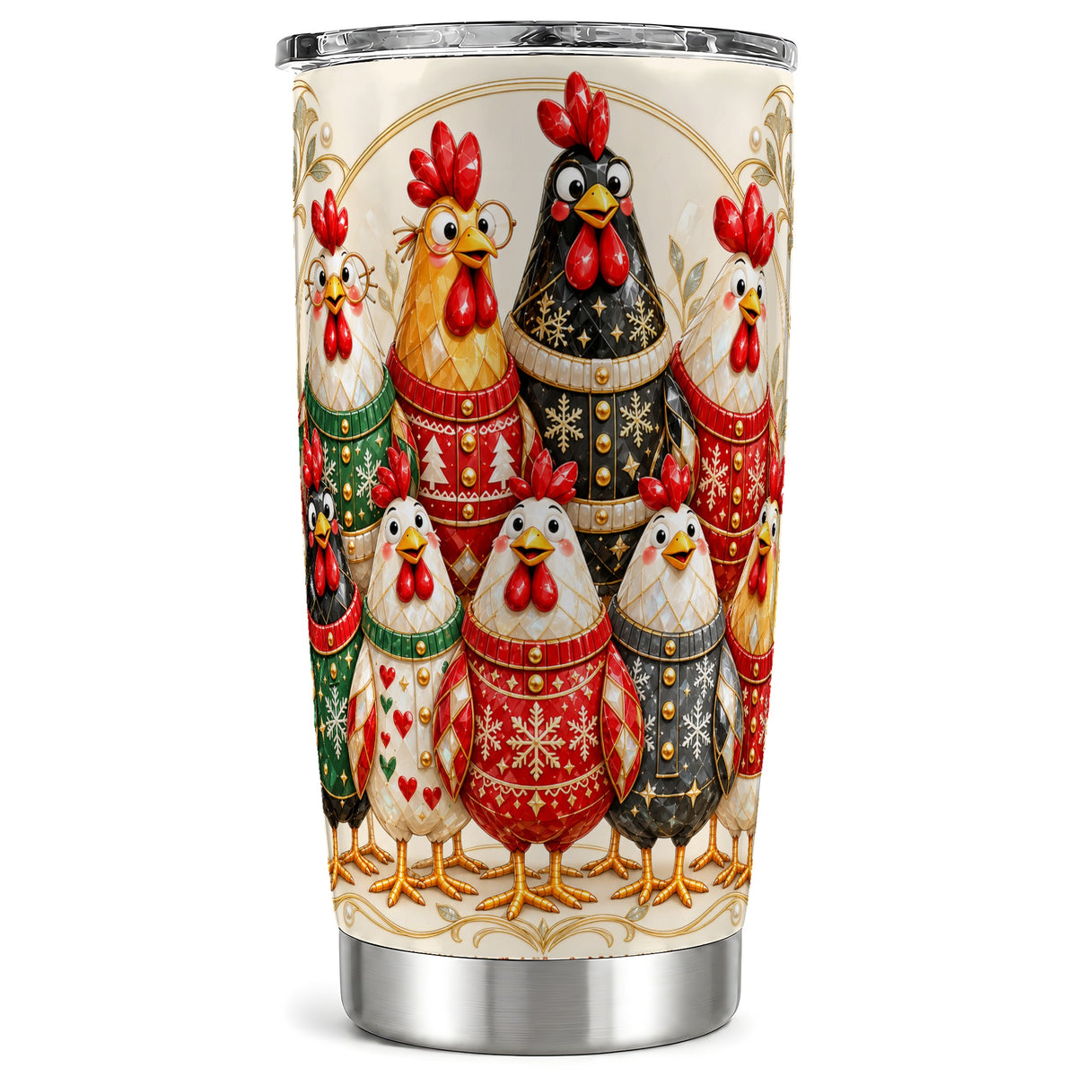 Jeweled Christmas Chickens Tumbler 20oz, Holiday Stainless Travel Cup
