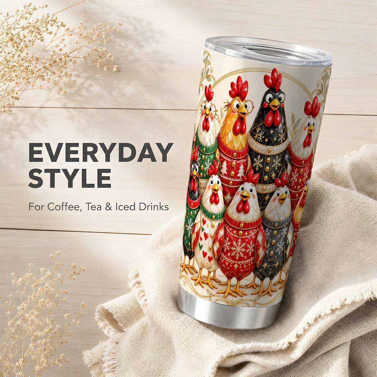 Jeweled Christmas Chickens Tumbler 20oz, Holiday Stainless Travel Cup