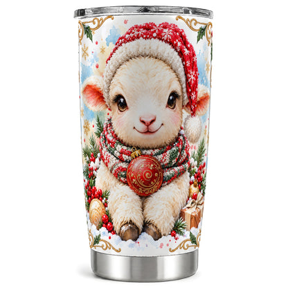Sitting Christmas Lamb Tumbler 20oz, Santa Sheep Stainless Travel Cup