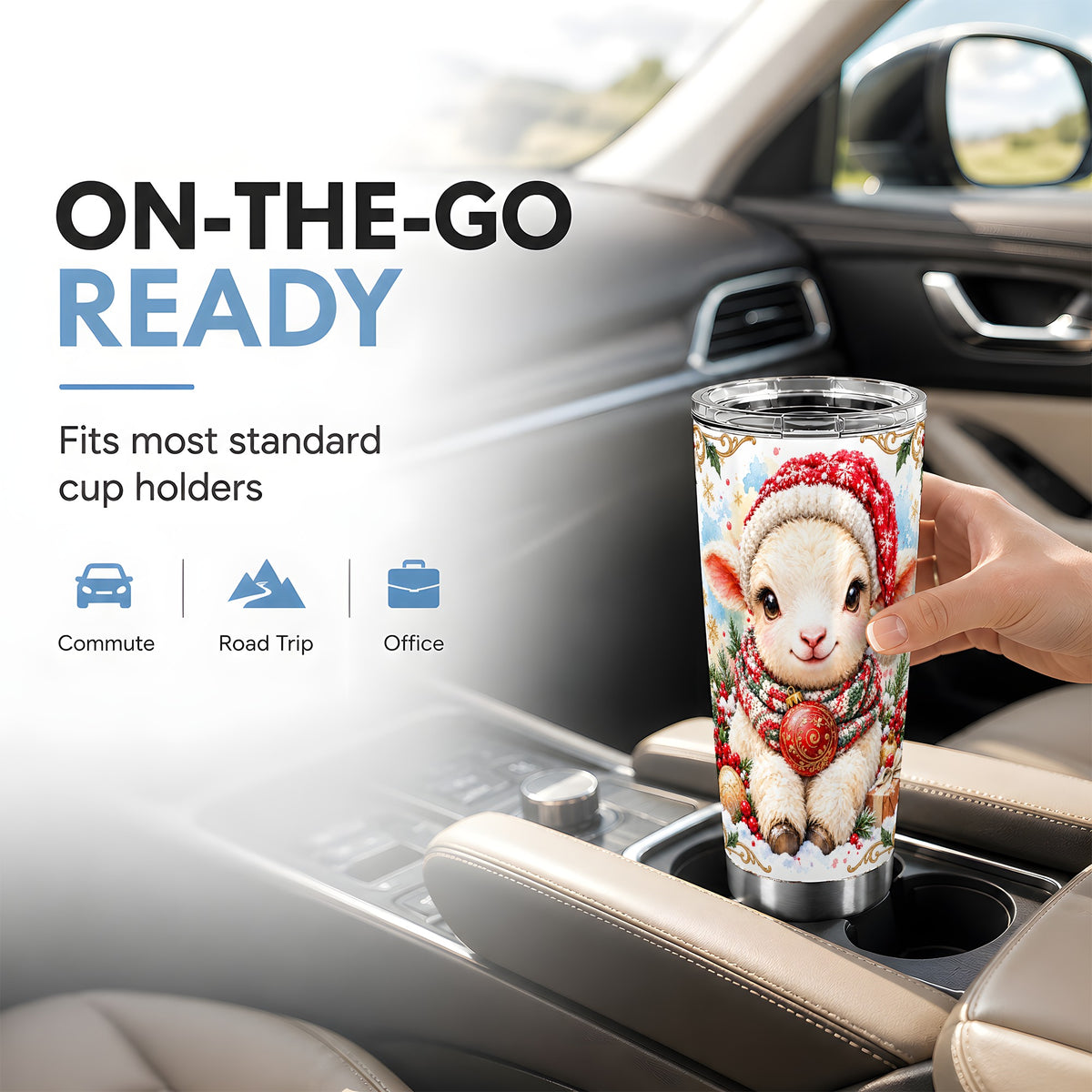 Sitting Christmas Lamb Tumbler 20oz, Santa Sheep Stainless Travel Cup