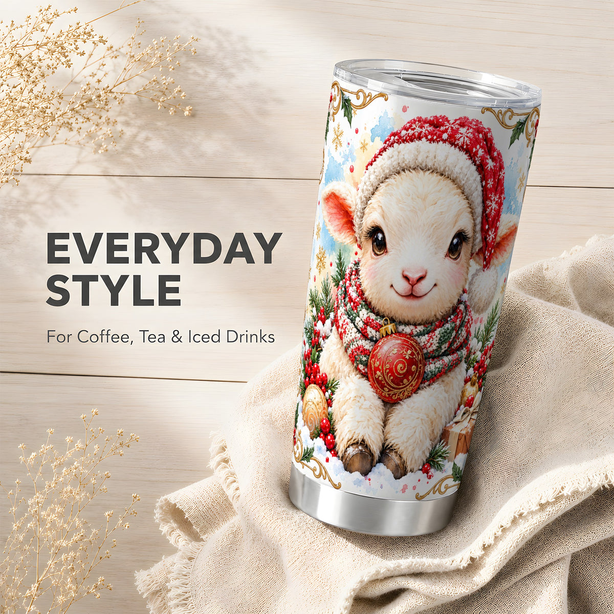 Sitting Christmas Lamb Tumbler 20oz, Santa Sheep Stainless Travel Cup