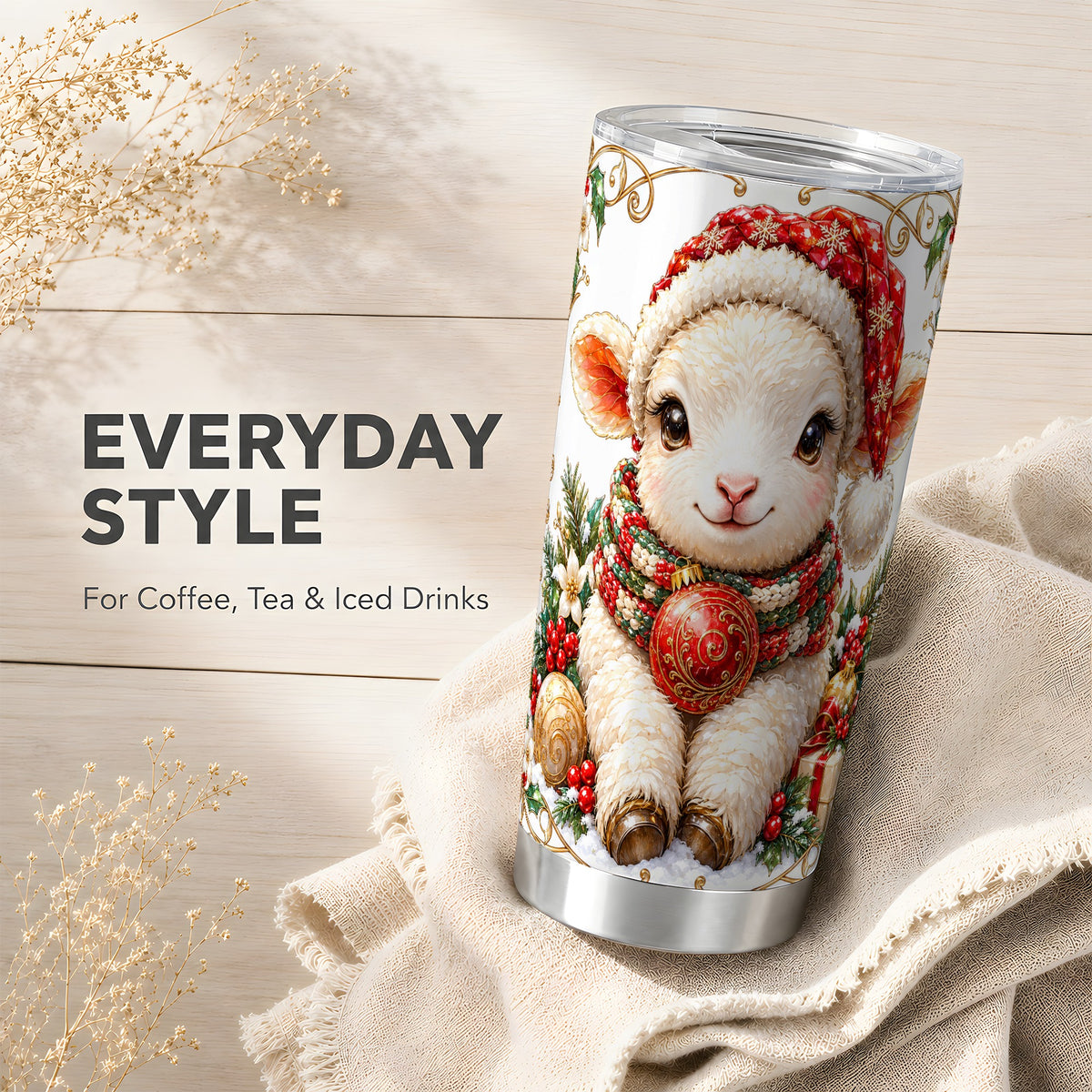 Christmas Lamb Tumbler 20oz, Santa Sheep Stainless Steel Travel Cup