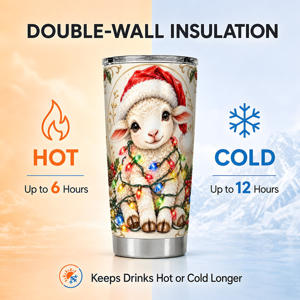 Christmas Lamb Tumbler 20oz, Holiday Lights Stainless Steel Travel Cup