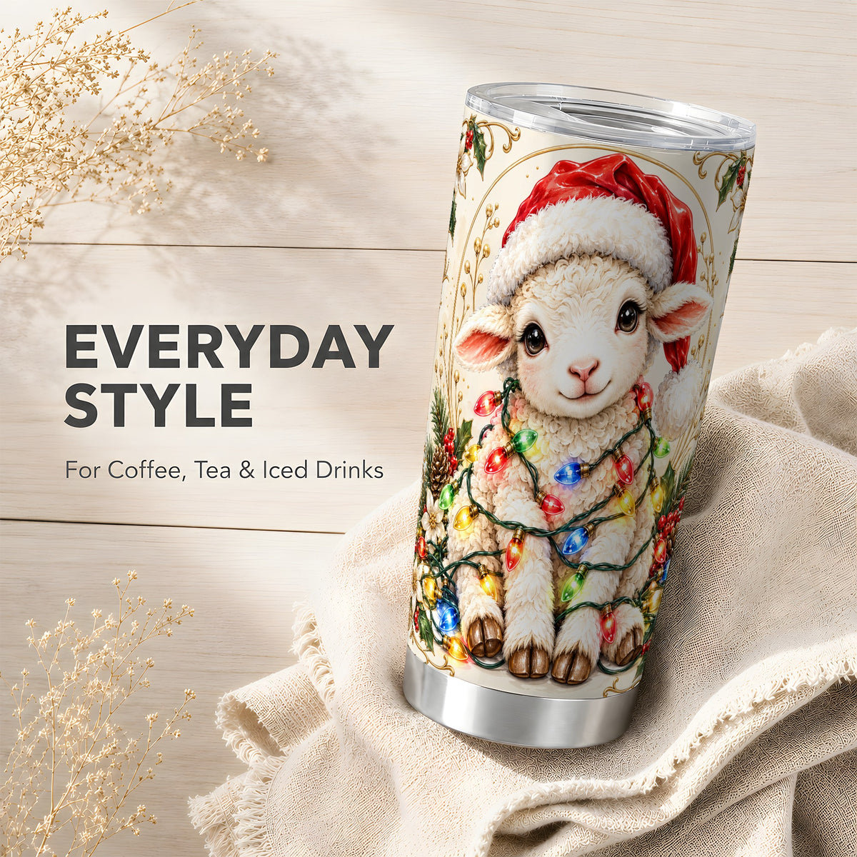 Christmas Lamb Tumbler 20oz, Holiday Lights Stainless Steel Travel Cup