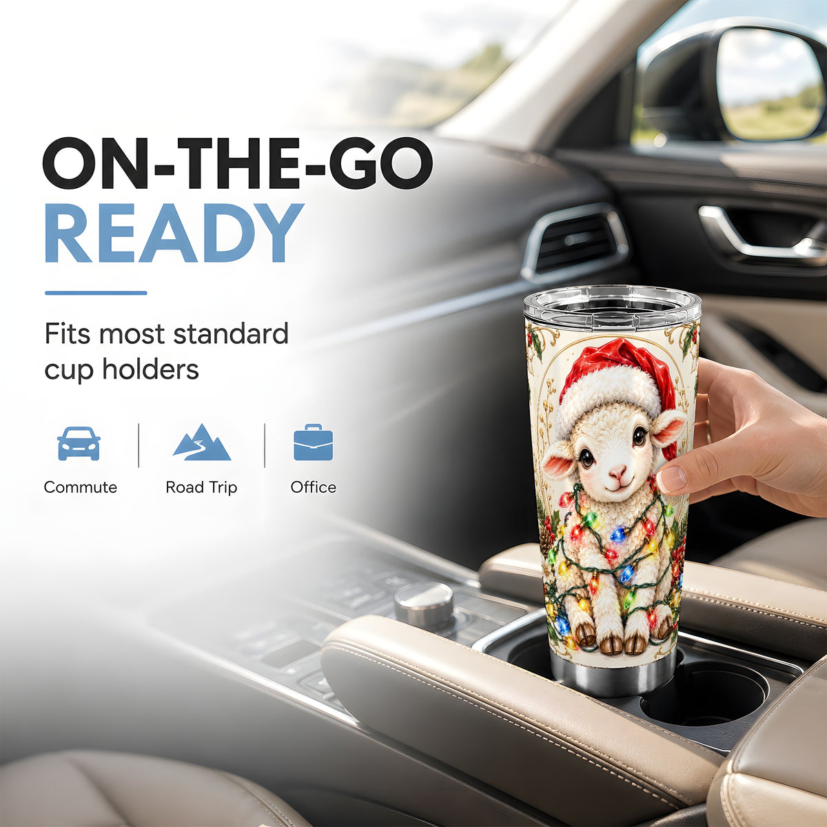 Christmas Lamb Tumbler 20oz, Holiday Lights Stainless Steel Travel Cup