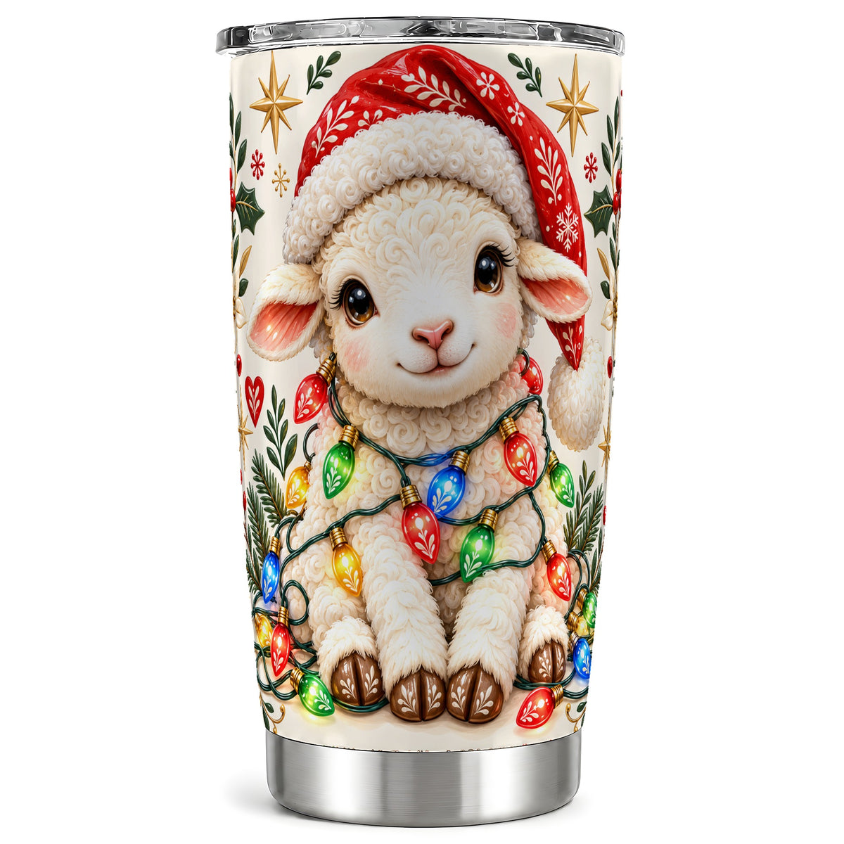 Christmas Sheep Tumbler 20oz, Festive Lamb Stainless Steel Travel Cup