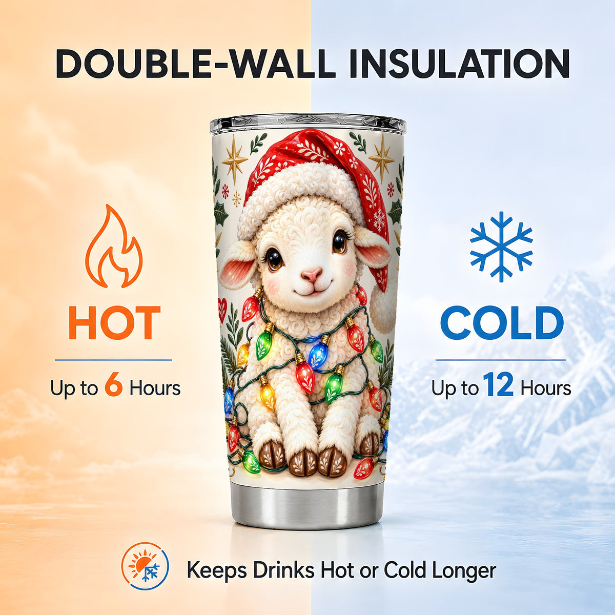 Christmas Sheep Tumbler 20oz, Festive Lamb Stainless Steel Travel Cup