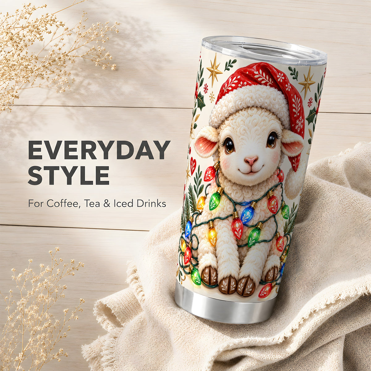 Christmas Sheep Tumbler 20oz, Festive Lamb Stainless Steel Travel Cup