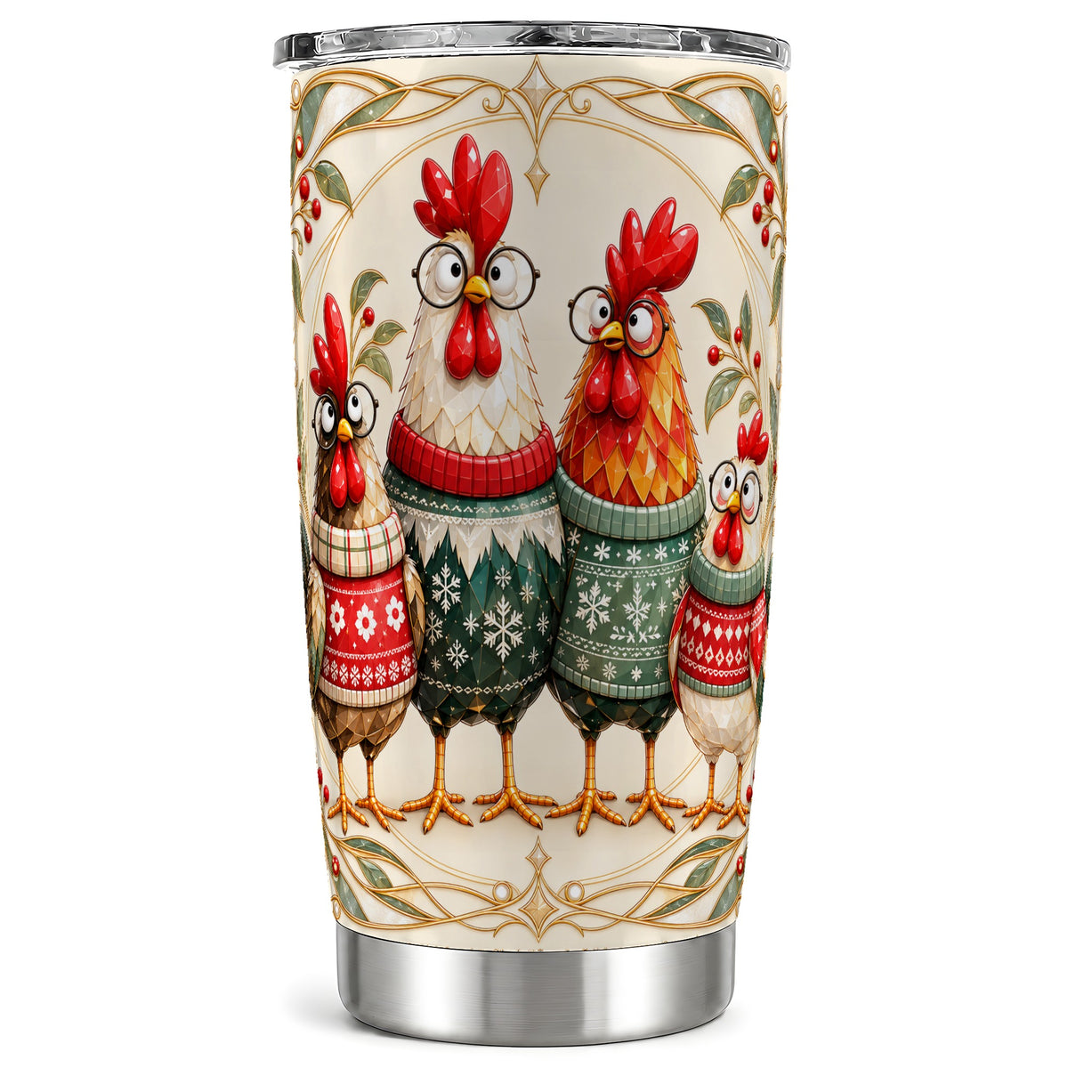 Christmas Chickens Tumbler 20oz, Farmhouse Stainless Steel Travel Cup