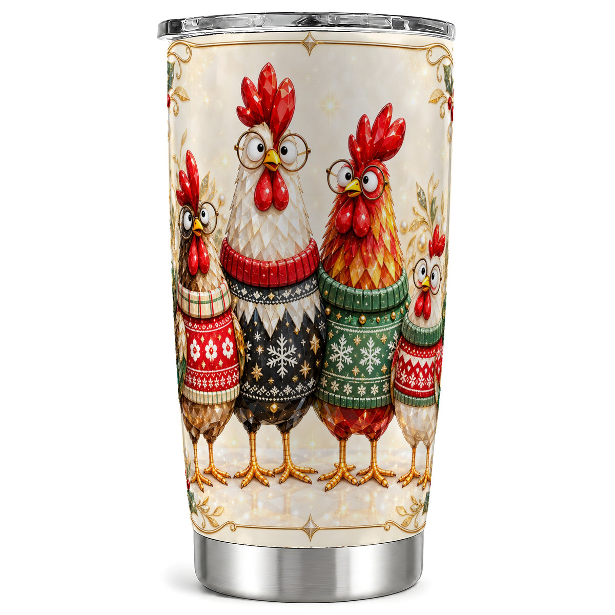 Christmas Chicken Tumbler 20oz, Holiday Farm Stainless Steel Travel Cup