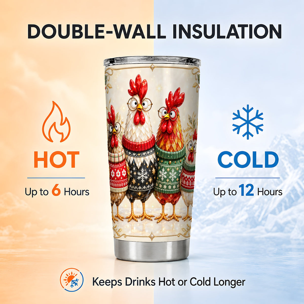 Christmas Chicken Tumbler 20oz, Holiday Farm Stainless Steel Travel Cup