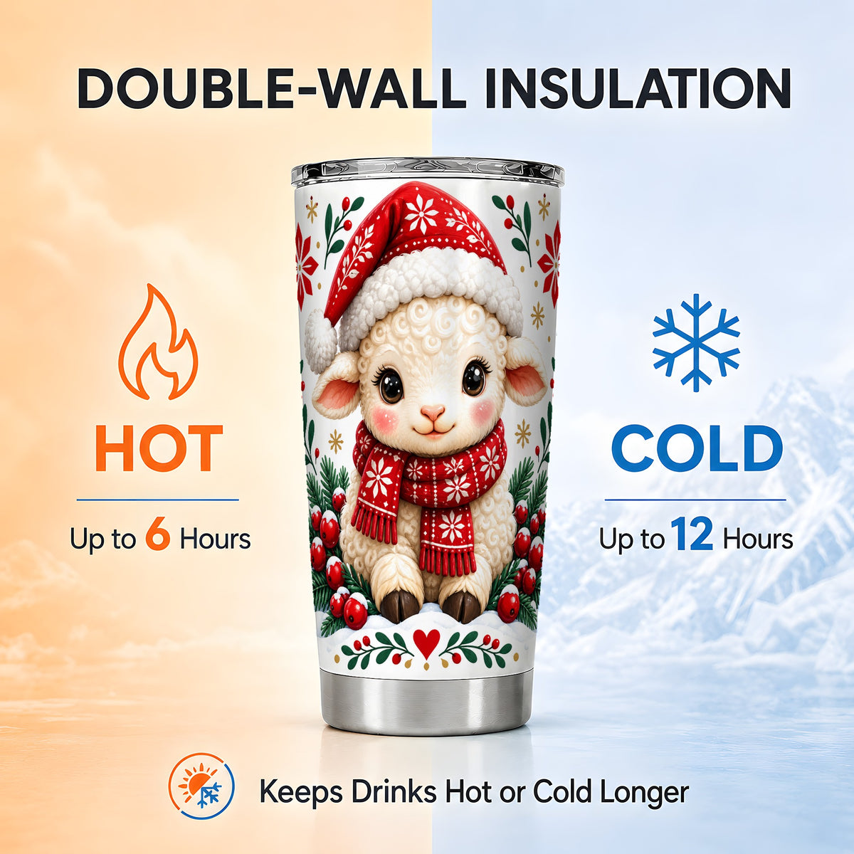 Christmas Lamb Tumbler 20oz, Cute Sheep Stainless Steel Travel Cup
