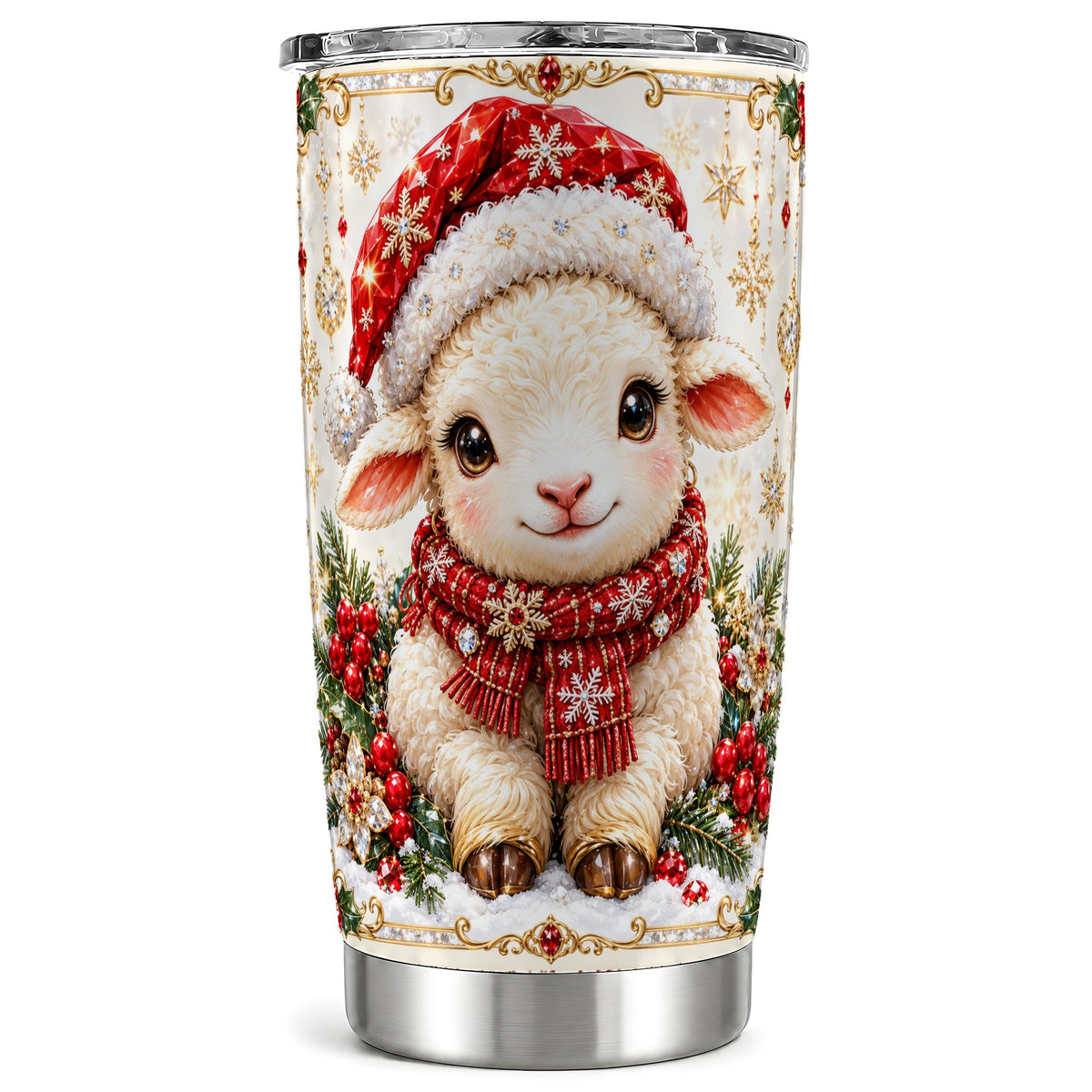 Jeweled Christmas Lamb Tumbler 20oz, Ruby Sheep Stainless Steel Travel Cup