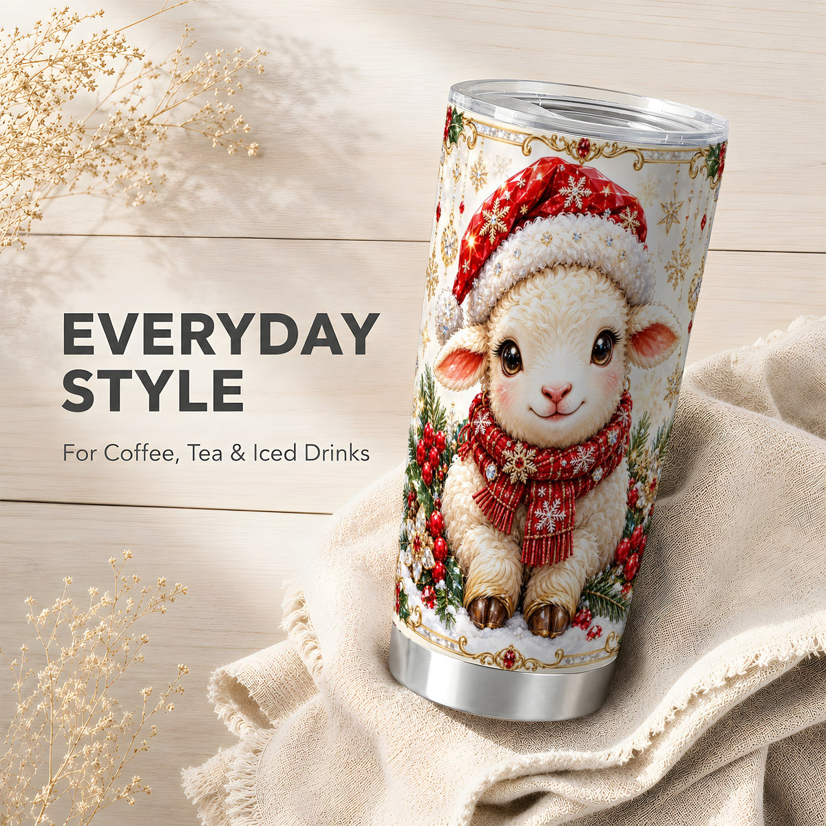 Jeweled Christmas Lamb Tumbler 20oz, Ruby Sheep Stainless Steel Travel Cup