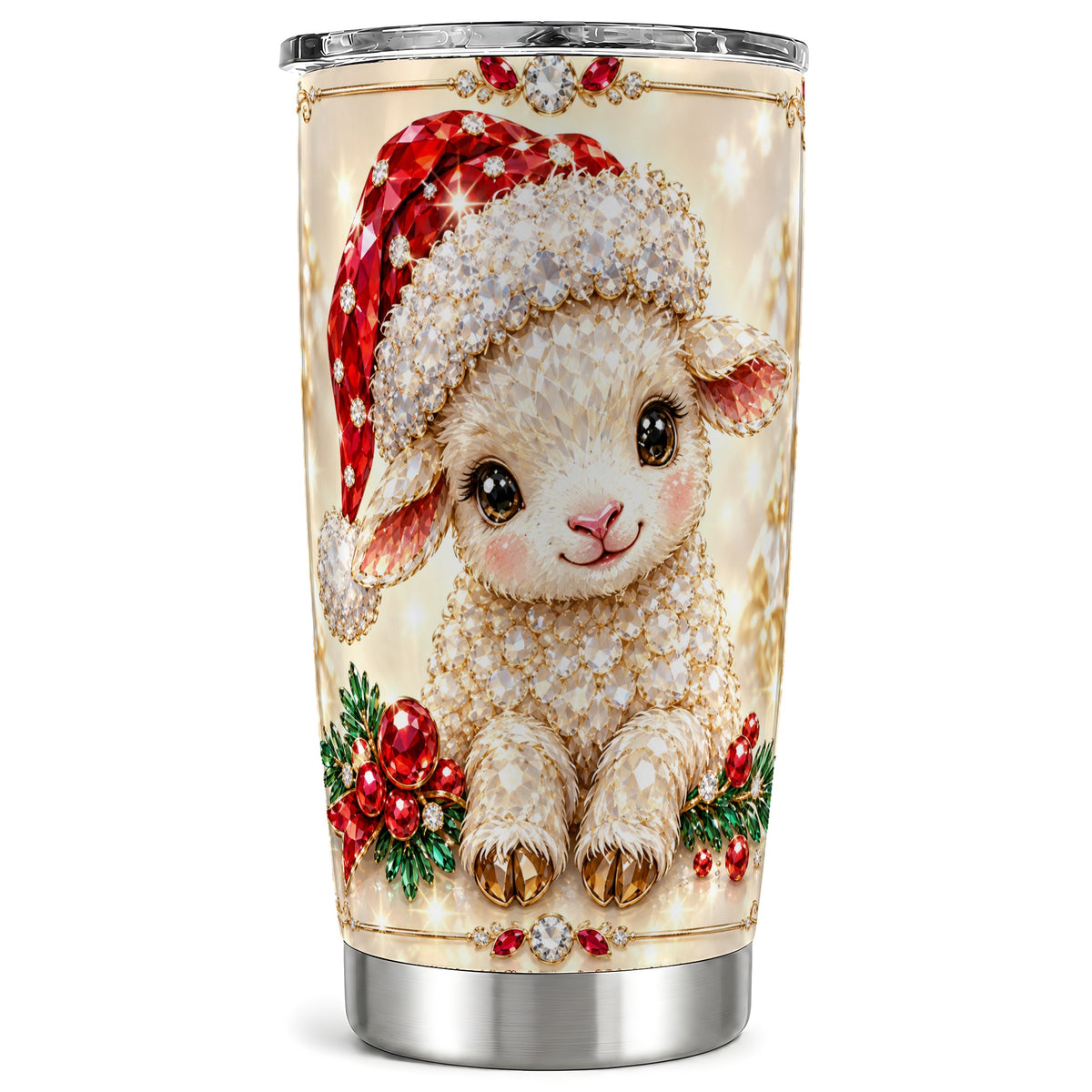 Crystal Christmas Lamb Tumbler 20oz, Gemstone Sheep Steel Travel Cup