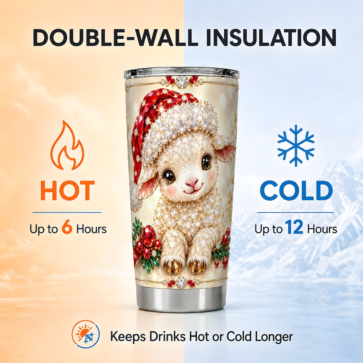 Crystal Christmas Lamb Tumbler 20oz, Gemstone Sheep Steel Travel Cup