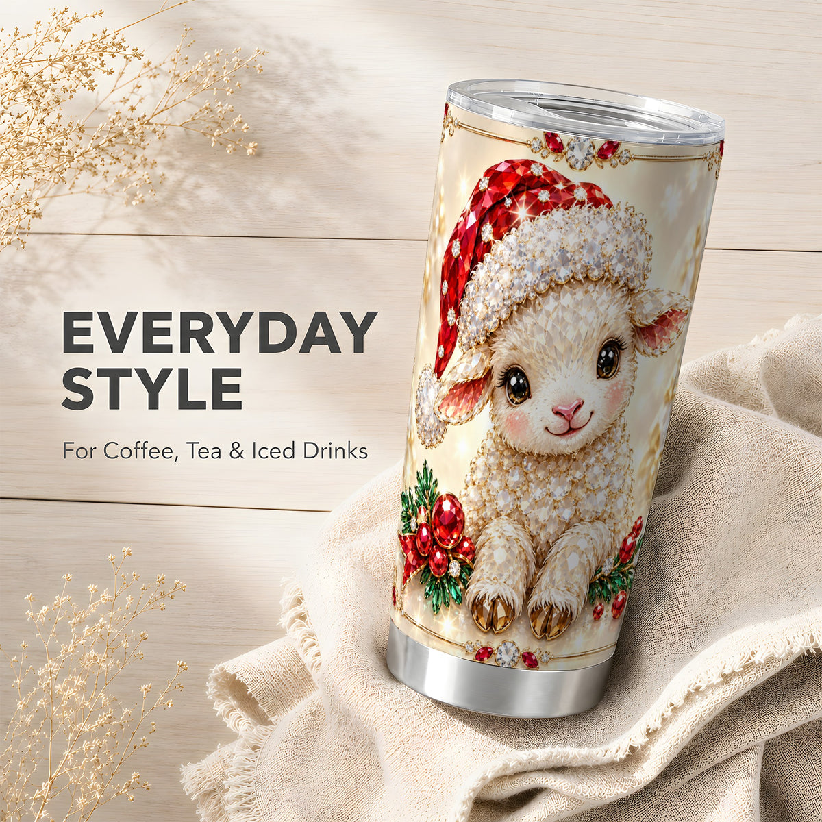 Crystal Christmas Lamb Tumbler 20oz, Gemstone Sheep Steel Travel Cup