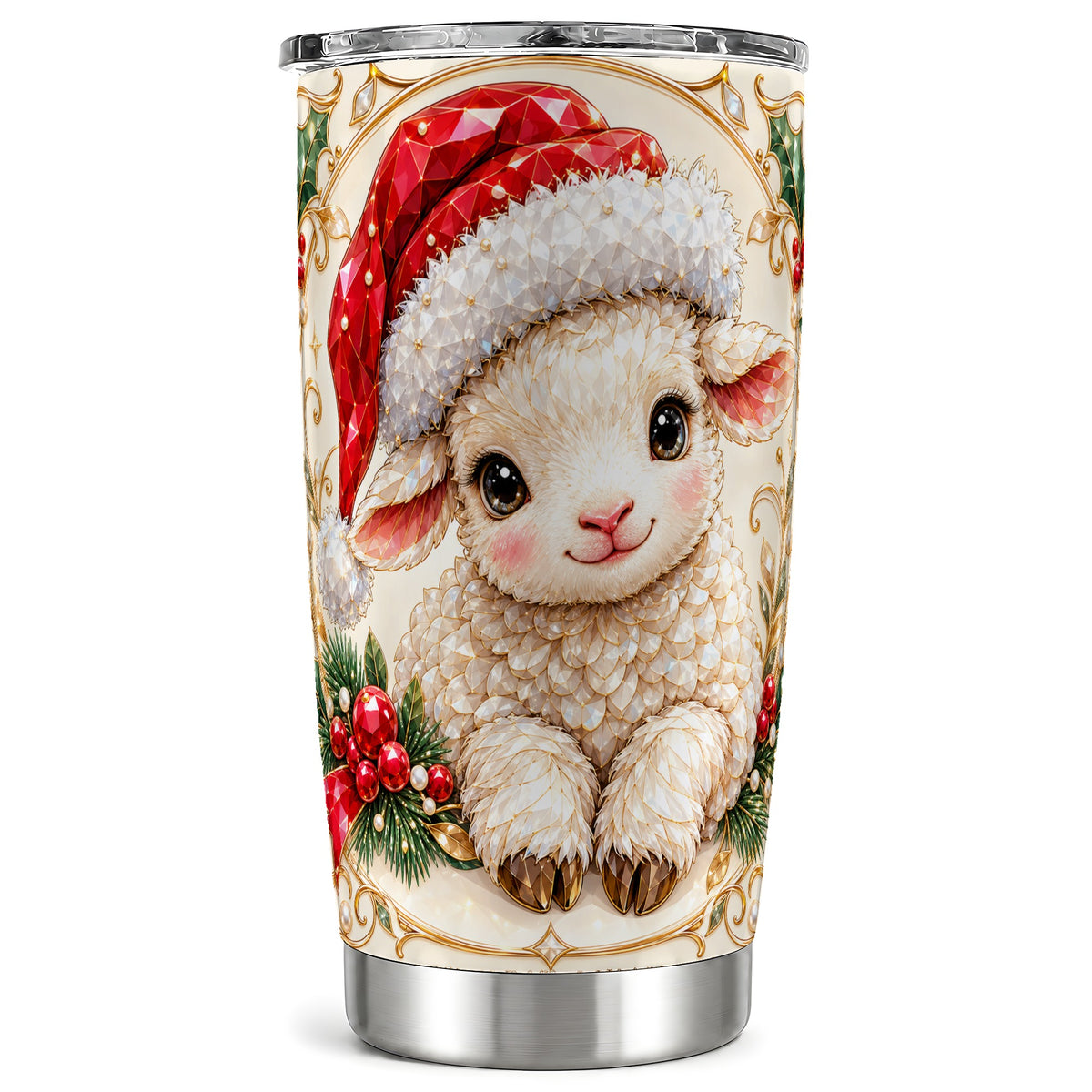 Geometric Christmas Lamb Tumbler 20oz, Ruby Sheep Steel Travel Cup