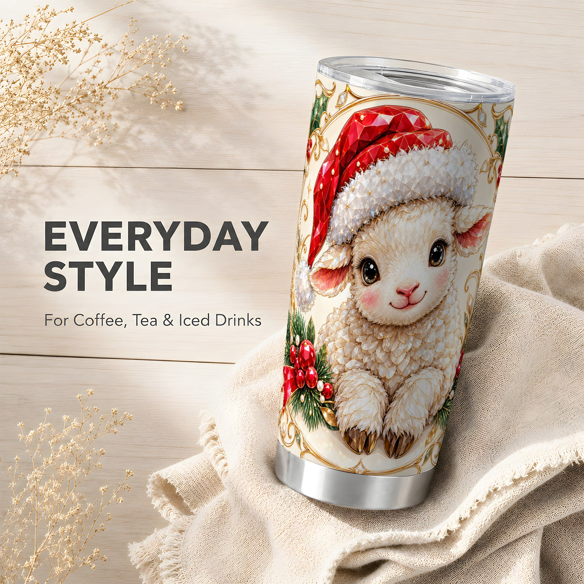 Geometric Christmas Lamb Tumbler 20oz, Ruby Sheep Steel Travel Cup